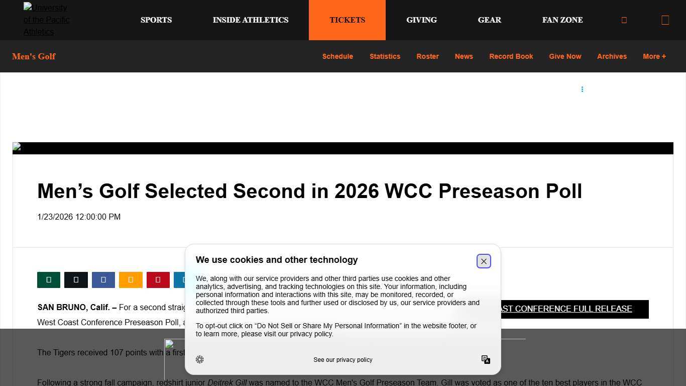 Men’s Golf Selected Second in 2026 WCC Preseason Poll - University of the Pacific