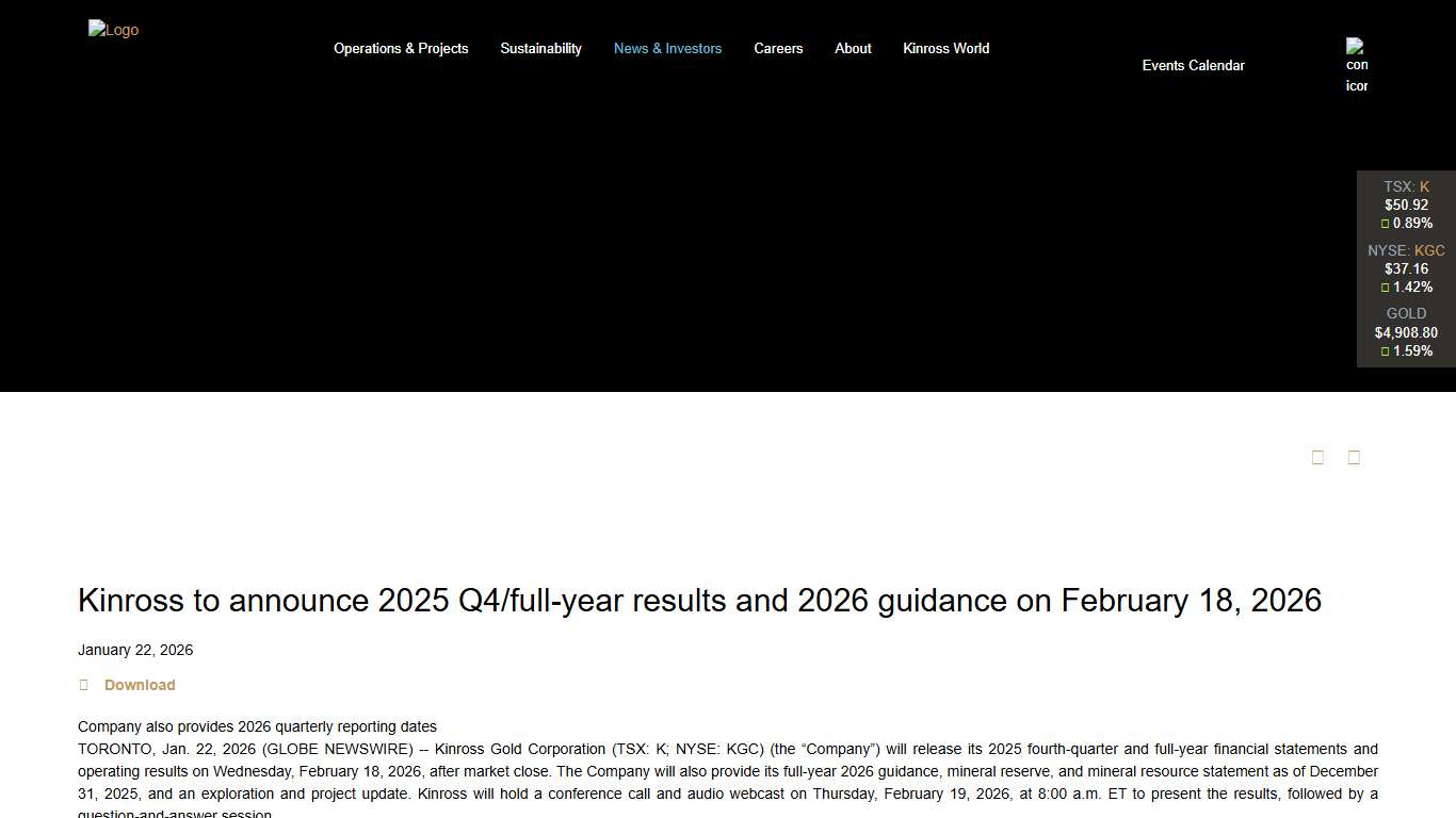 Kinross to announce 2025 Q4/full-year results and 2026 guidance on February 18, 2026 - Kinross Gold Corporation